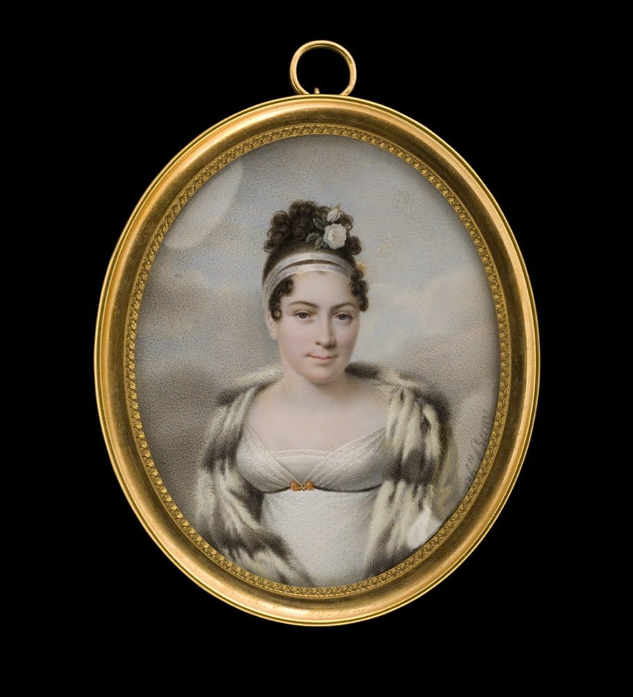 Lady in White Dress with Fur Cape, c. 1810 from the Tansey Miniatures Collection
